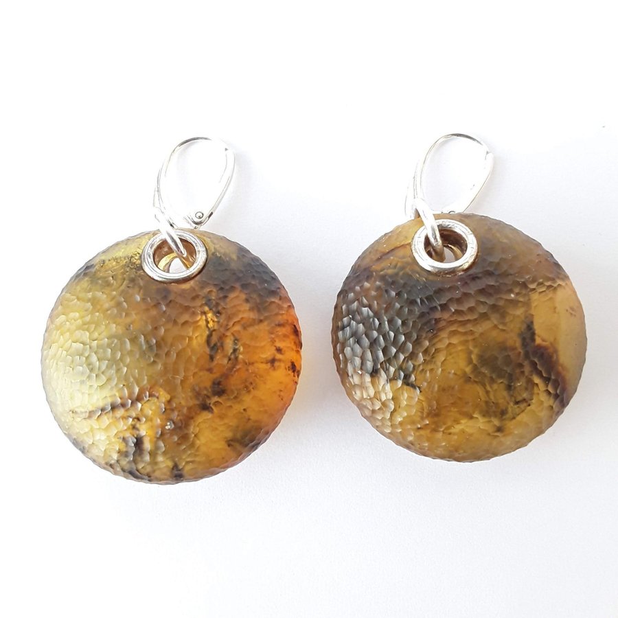 Big Baltic amber gemstone and 925 sterling silver round dangle unique earrings