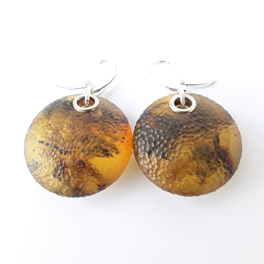 Big Baltic amber gemstone and 925 sterling silver round dangle unique earrings