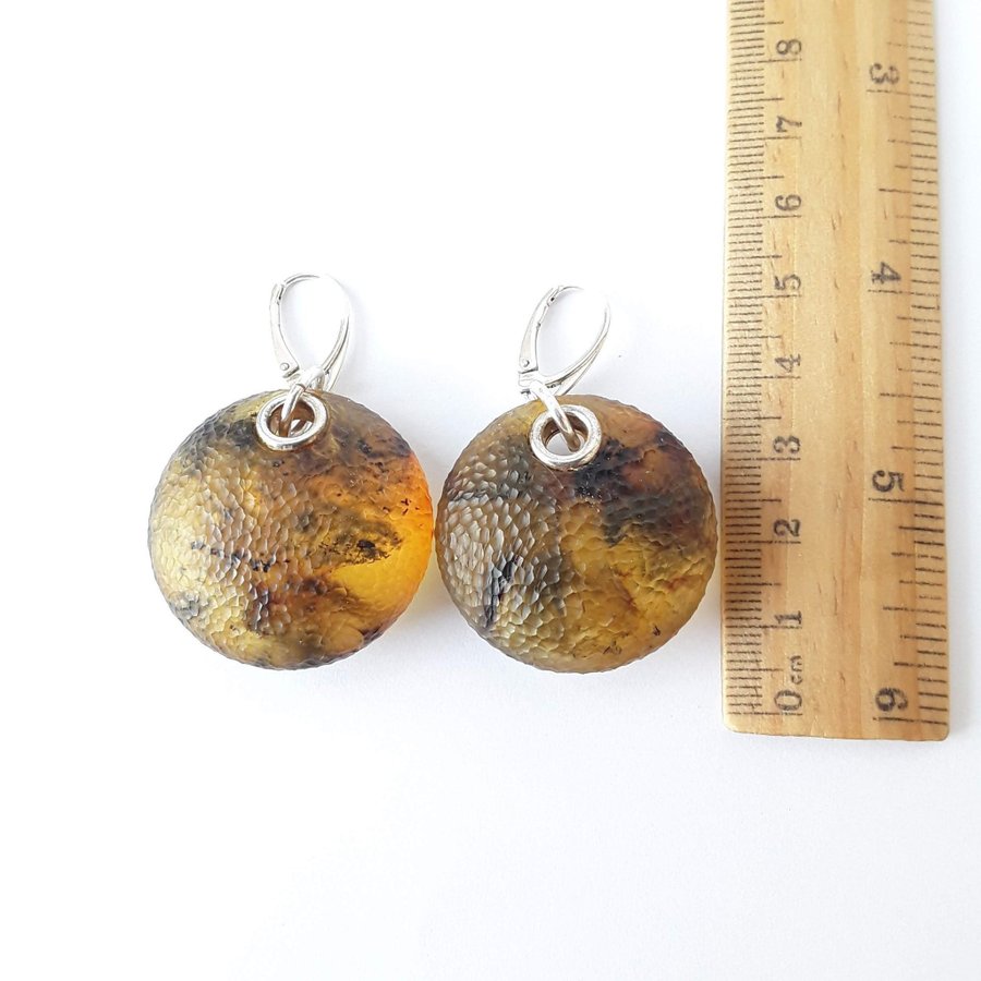 Big Baltic amber gemstone and 925 sterling silver round dangle unique earrings