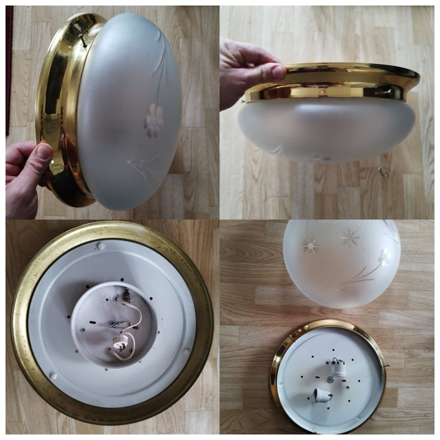 PLAFOND stor äkta märke Sweden Vintage 1900-tal i frostat glas och mässing