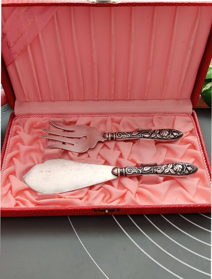 Vintage set Finland 813h ros tårtbestick fiskbestick kniv gaffel äkta silver fin