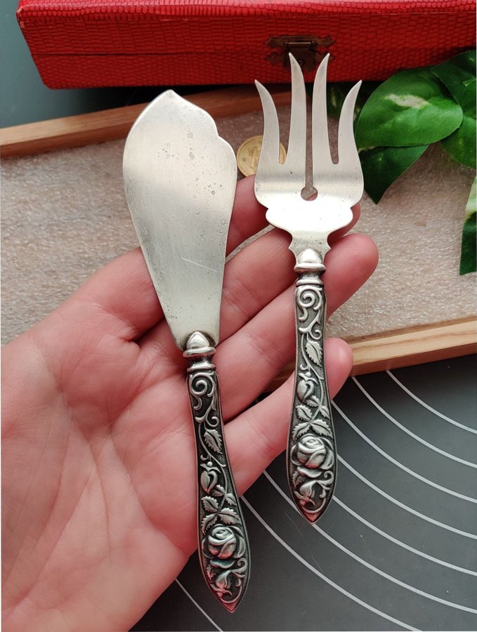 Vintage set Finland 813h ros tårtbestick fiskbestick kniv gaffel äkta silver fin