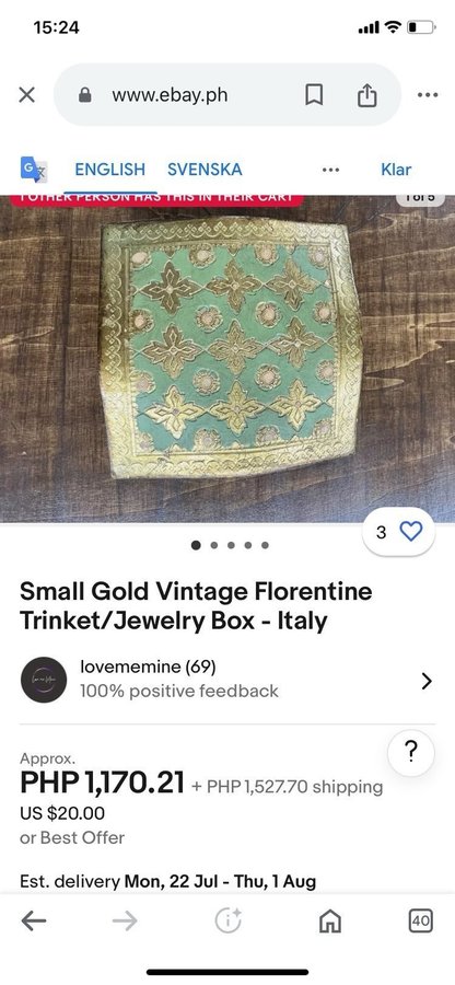 Italiano Florentine Wooden gold gilt Green Jewelry keepsake trinket box CR