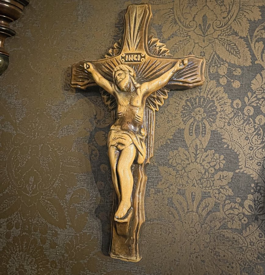 Äldre stort krucifix Stengods 1900-tal Jesus Kors Religon Blackmetal