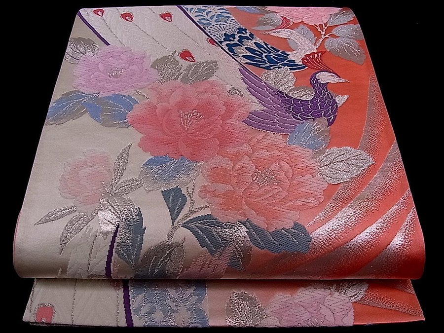 Äkta japansk vintage kimono FukuroObi-bältesidenvävfågel pionbroderiehållba