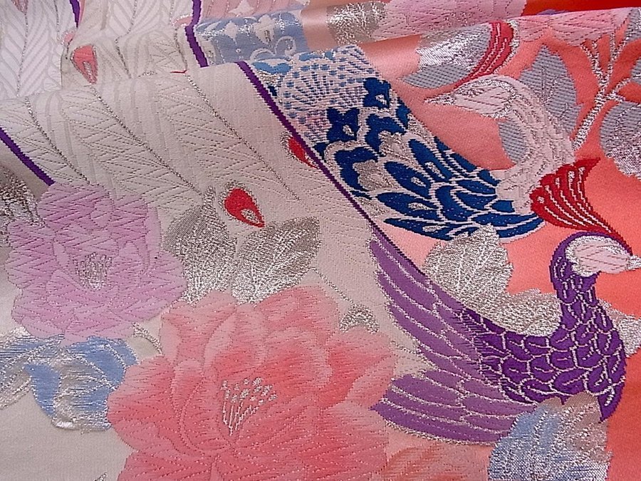 Äkta japansk vintage kimono FukuroObi-bältesidenvävfågel pionbroderiehållba