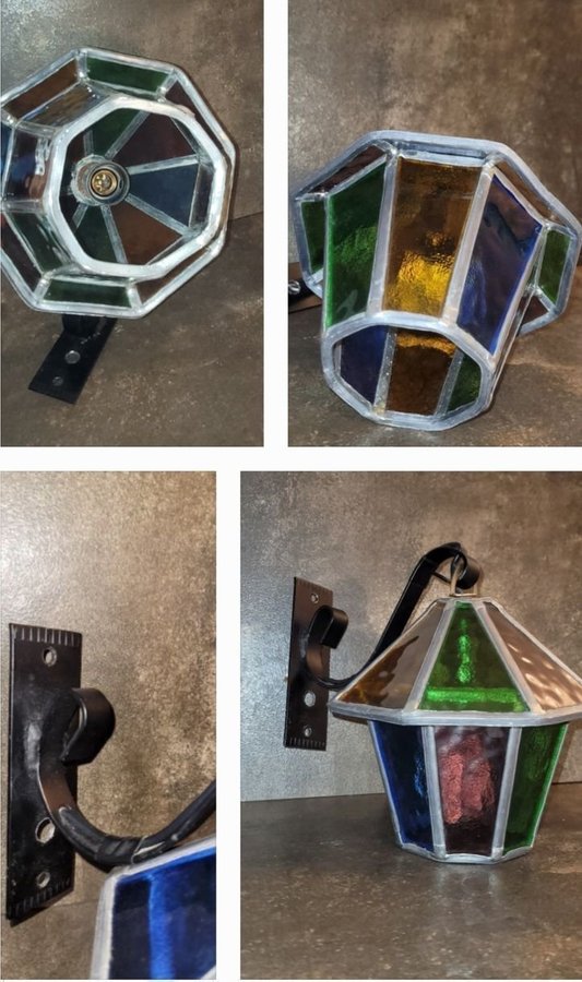 Underbar Vägglampa Tiffany Lampa Blyinfattat Glas Fäste i Gjutjärn Fint Skick!!