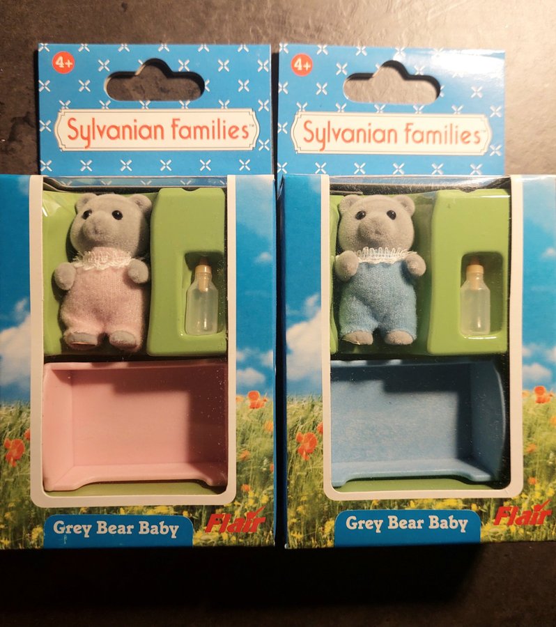 Sylvanian Families - Grå Bjørn Baby (2 stk) dreng og pige sæt 2003 Flair