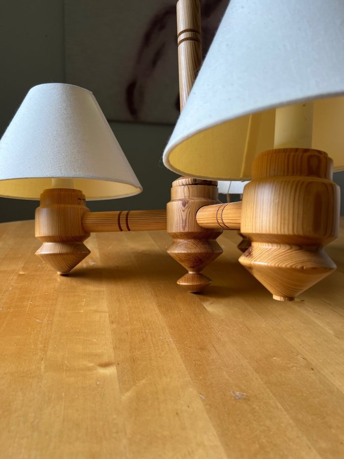 Retro vintage IKEA Furulampa | Taklampa trearmad | Trälampa med tre lampskärmar