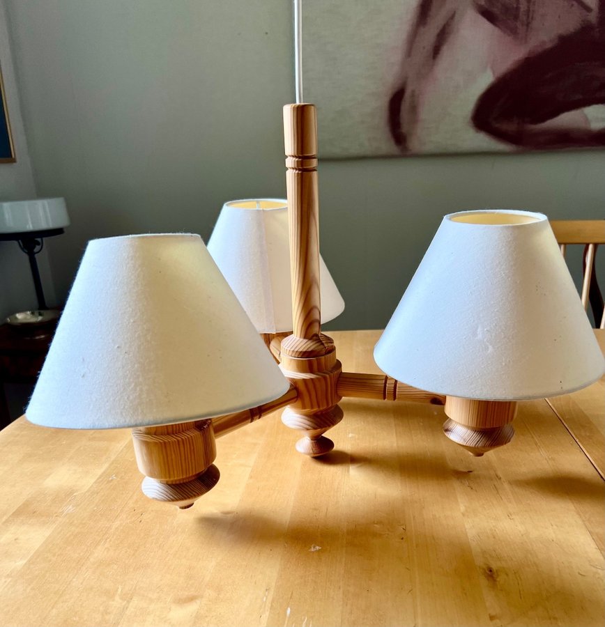 Retro vintage IKEA Furulampa | Taklampa trearmad | Trälampa med tre lampskärmar