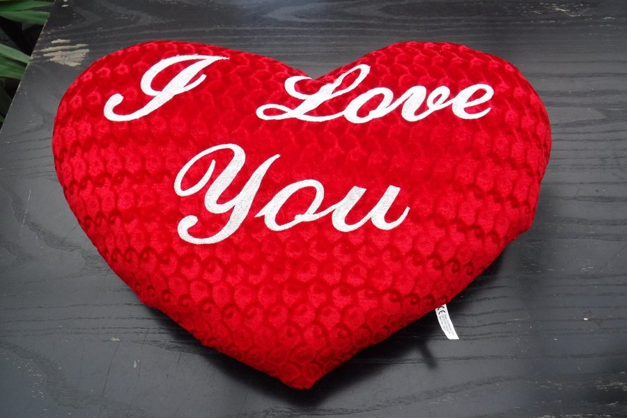 Röd hjärtformad kudde med texten I Love You