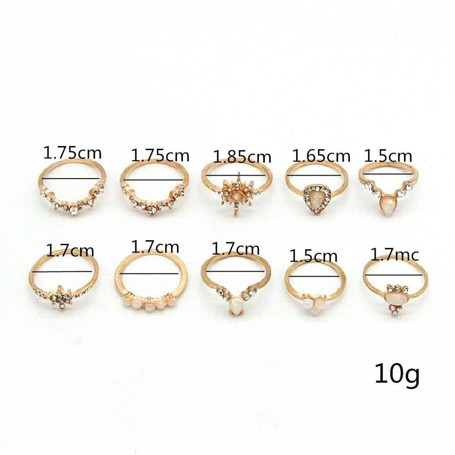 10-pack Boho Guld Ringar -Glittrande Rhinestones  Olika Mönster