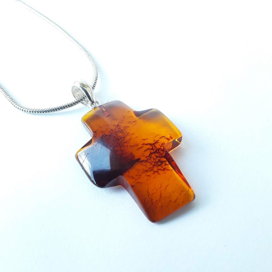 Brown Baltic amber gemstone cross pendant necklace Cognac amber Catholic jewelry