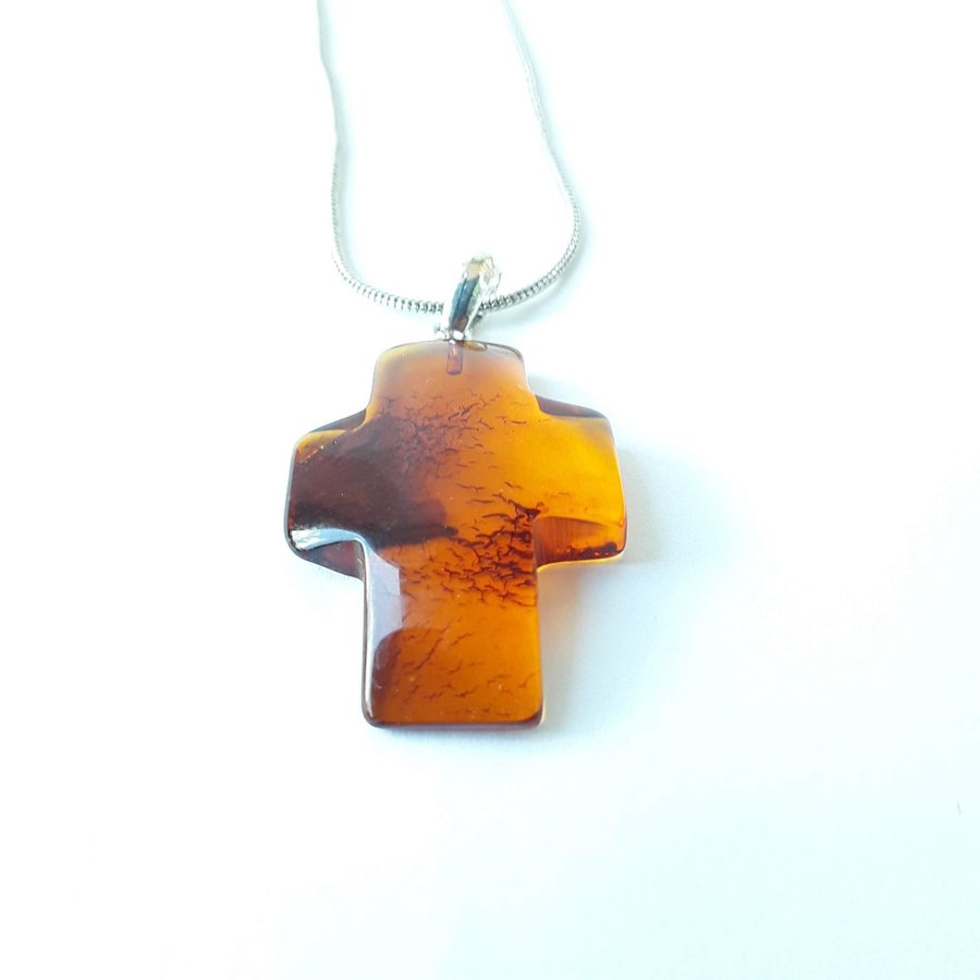 Brown Baltic amber gemstone cross pendant necklace Cognac amber Catholic jewelry