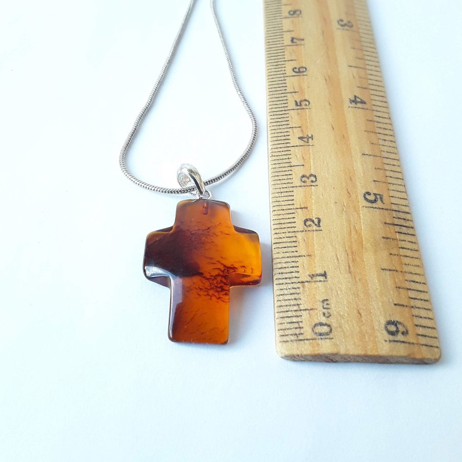 Brown Baltic amber gemstone cross pendant necklace Cognac amber Catholic jewelry