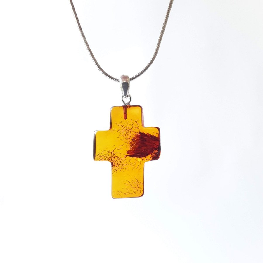 Brown Baltic amber gemstone cross pendant necklace Cognac amber Catholic jewelry
