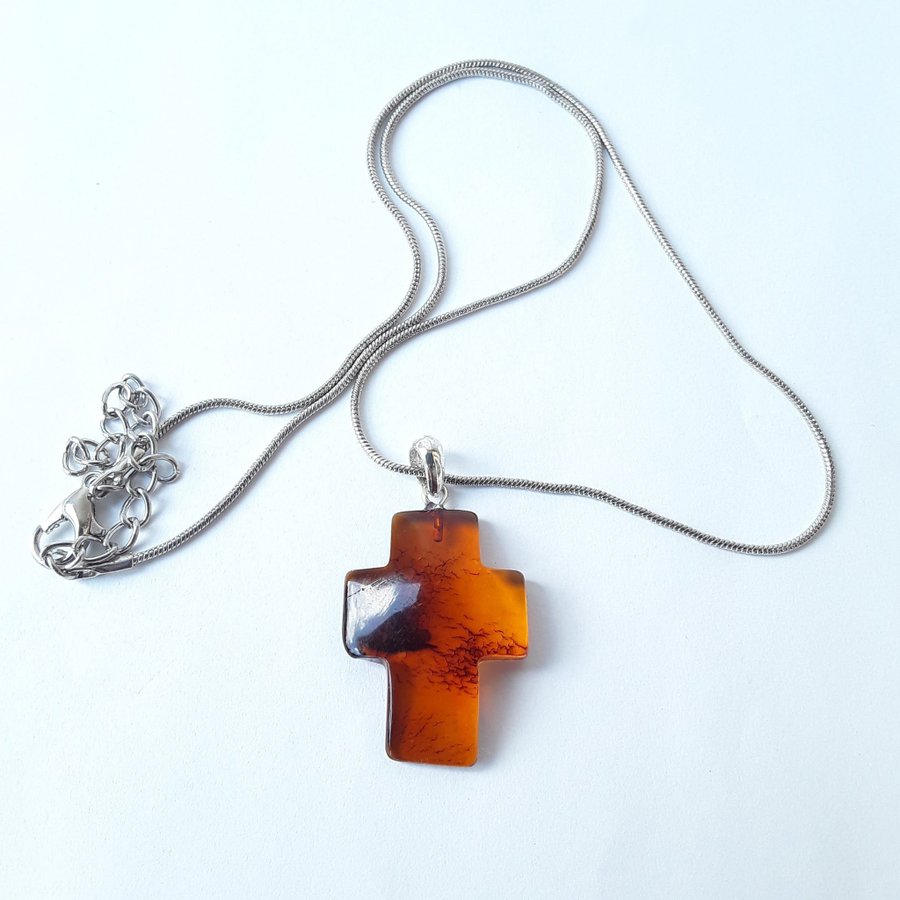 Brown Baltic amber gemstone cross pendant necklace Cognac amber Catholic jewelry