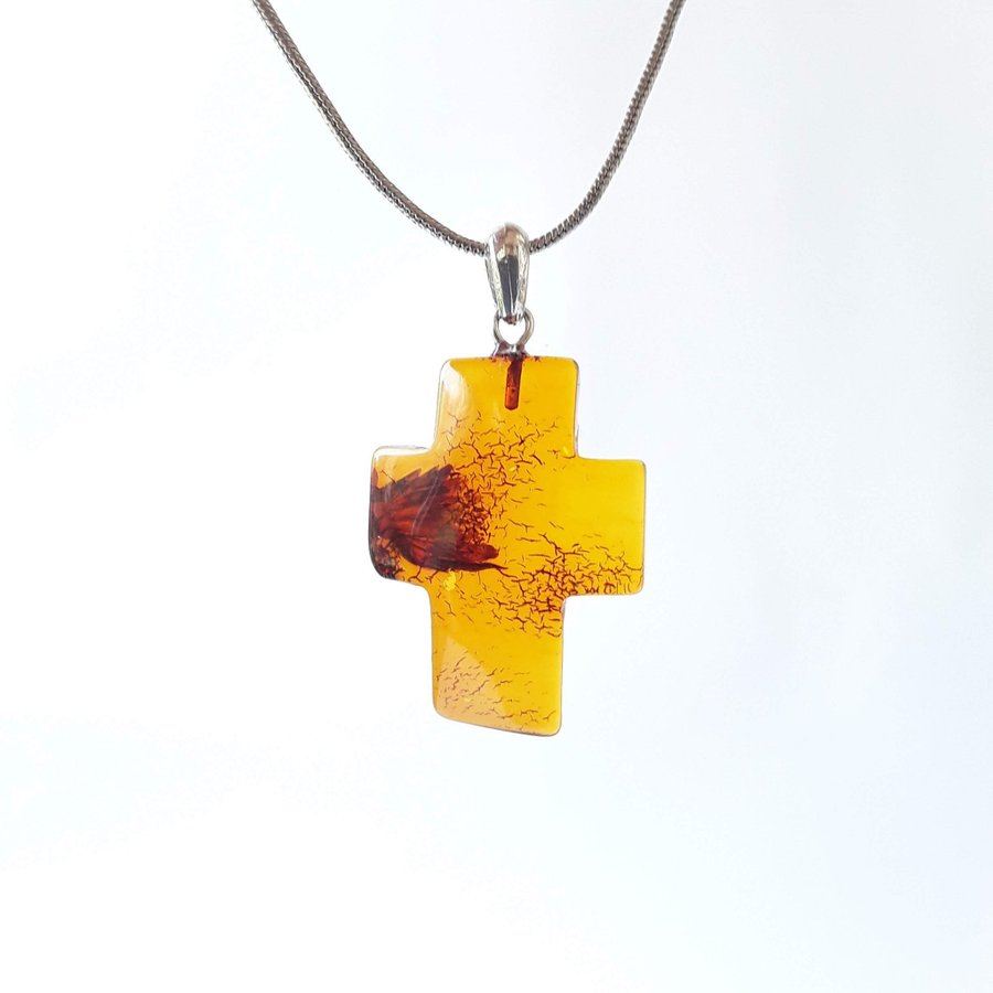 Brown Baltic amber gemstone cross pendant necklace Cognac amber Catholic jewelry