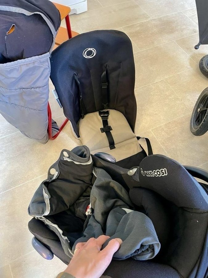 Bugaboo barnvagnspaket med all tänkbar tillbehör syskonbräda och babyskydd