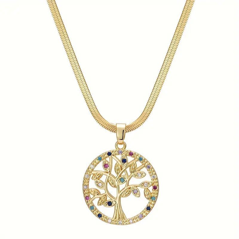 Golden Flat Chain Gold Rhinestones Colorful Life Tree