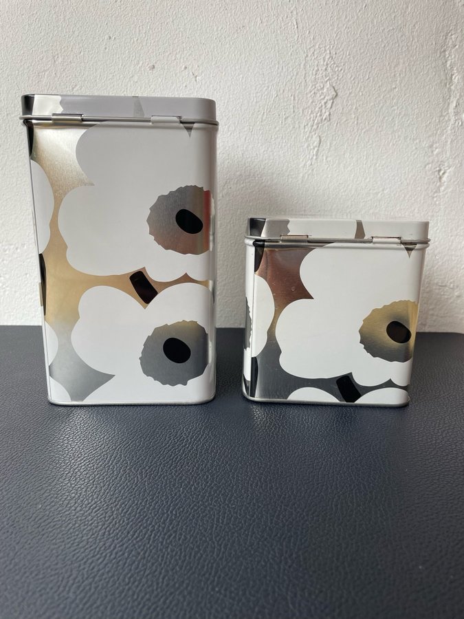 2 st Marimekko Unikko Burkar Vintage Silver Vit Svart Plåtburkar Finland