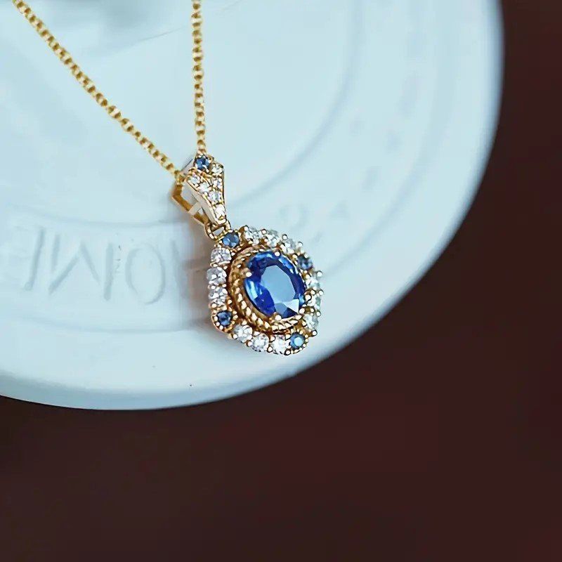 Oval Cut Blue Necklace Elegant Style Ladies Engagement Wedding Jewelry