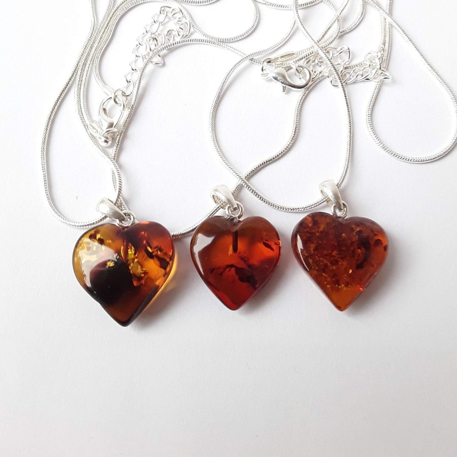 Baltic amber Heart pendant on a silver color chain Brown unisex Heart jewelry