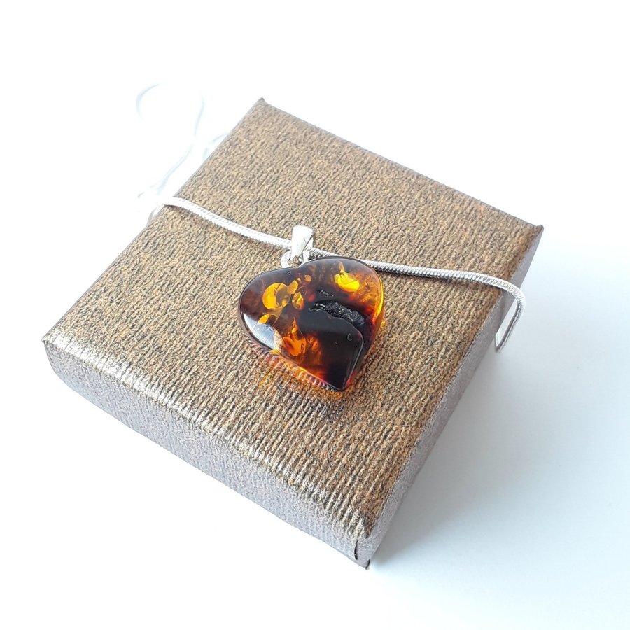 Baltic amber Heart pendant on a silver color chain Brown unisex Heart jewelry