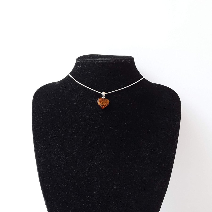 Baltic amber Heart pendant on a silver color chain Brown unisex Heart jewelry