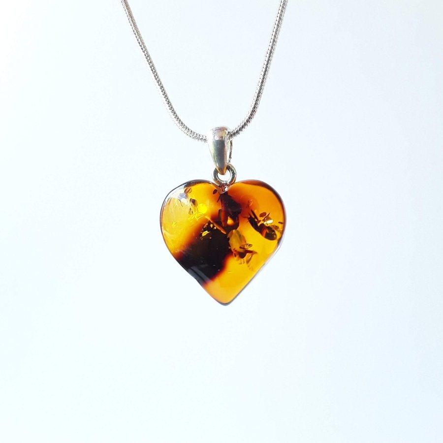 Baltic amber Heart pendant on a silver color chain Brown unisex Heart jewelry