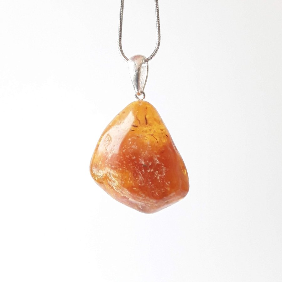 Brown raw Baltic amber gem pendant with silver color chain Brown amber jewelry