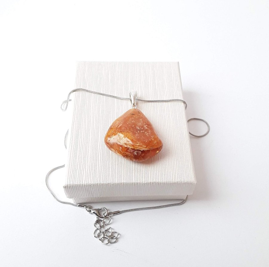 Brown raw Baltic amber gem pendant with silver color chain Brown amber jewelry