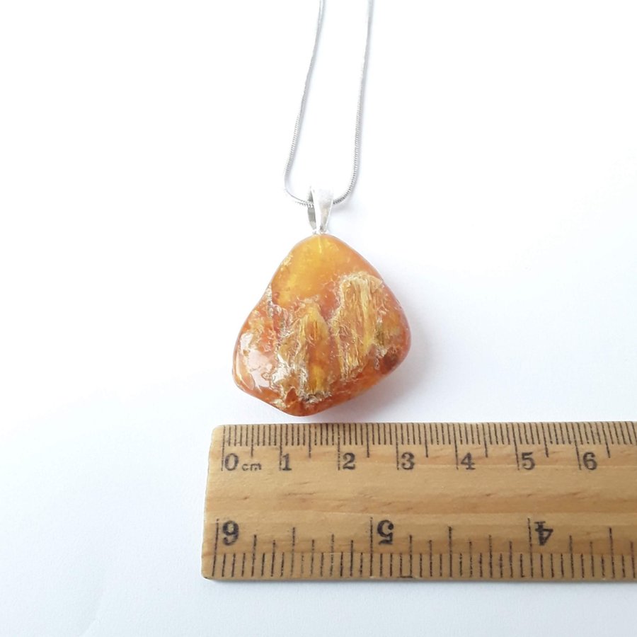 Brown raw Baltic amber gem pendant with silver color chain Brown amber jewelry