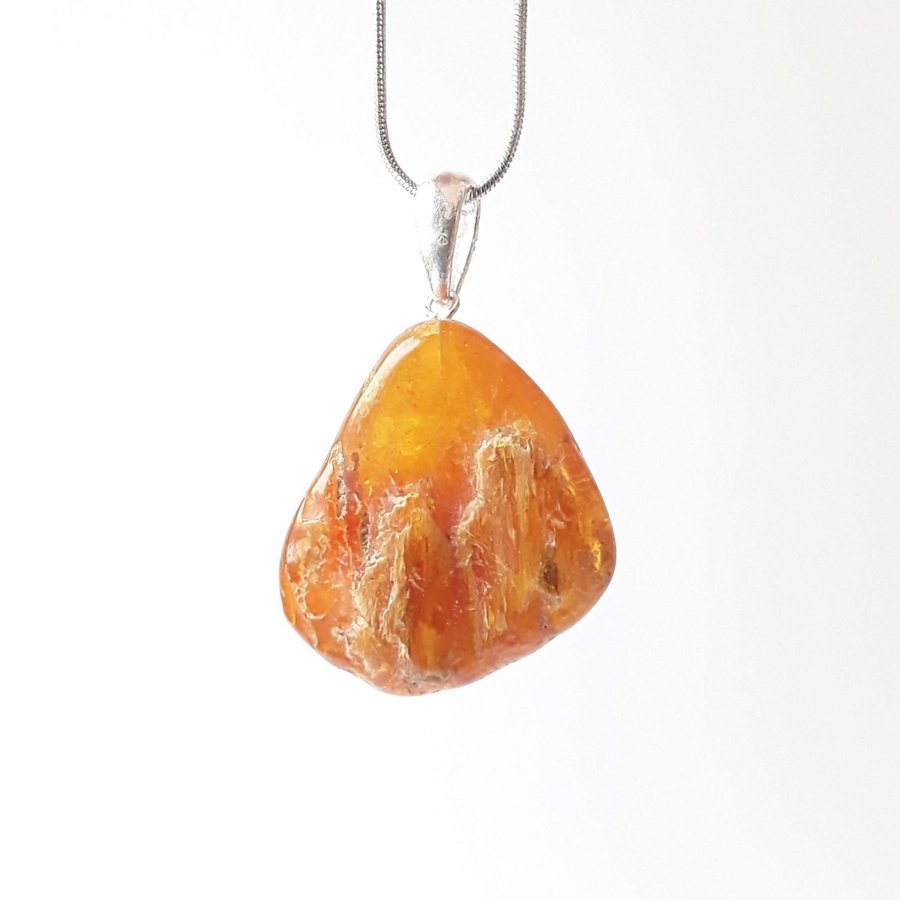 Brown raw Baltic amber gem pendant with silver color chain Brown amber jewelry