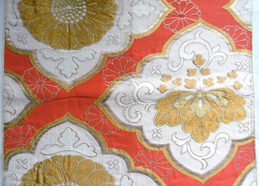 Äkta japansk vintage kimono Fukuro Obibältsidenorange guldblommorvävhållbar