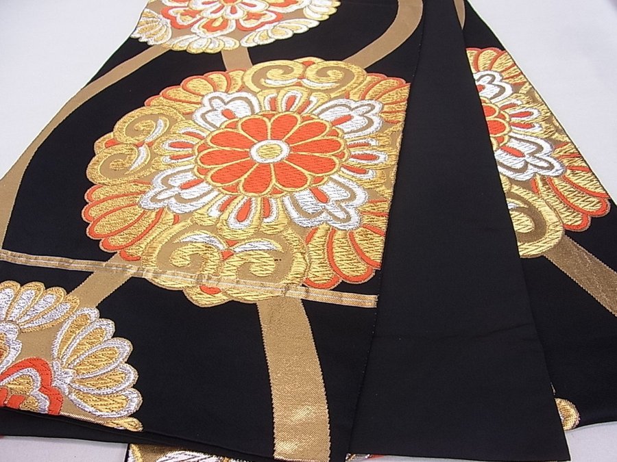 Äkta japansk vintage kimono Fukuro Obi-bältesidenguld rödvävblommorhållbar