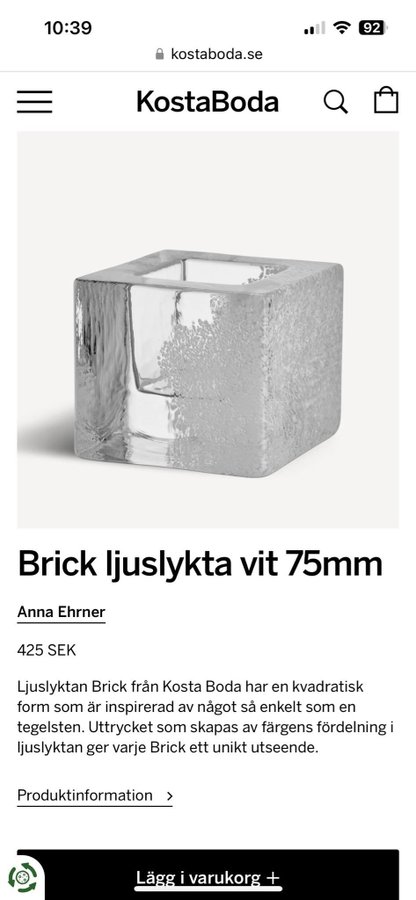 Kosta Boda Brick Ljuslykta 2 st