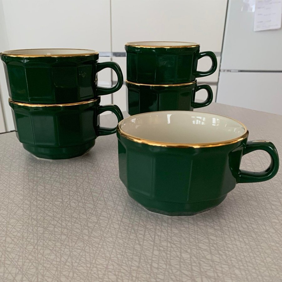 REVOL LA PORCELAIN 5 st - gröna te eller kaffe koppar guld FRANKRIKE