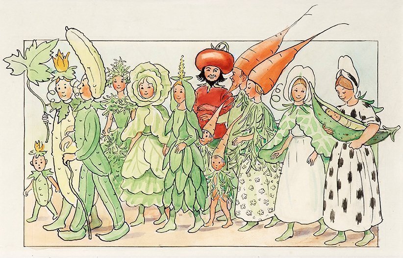 VIT TYGKASSE I POLYESTER MED 2 BILDER FRÅN `FEST I POTATISLANDET` av ELSA BESKOW