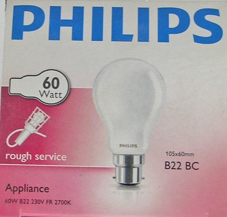 NYA! 2st B22 Philips 60w 230V Reinf Constr Skaktålig extra starkt glas matt