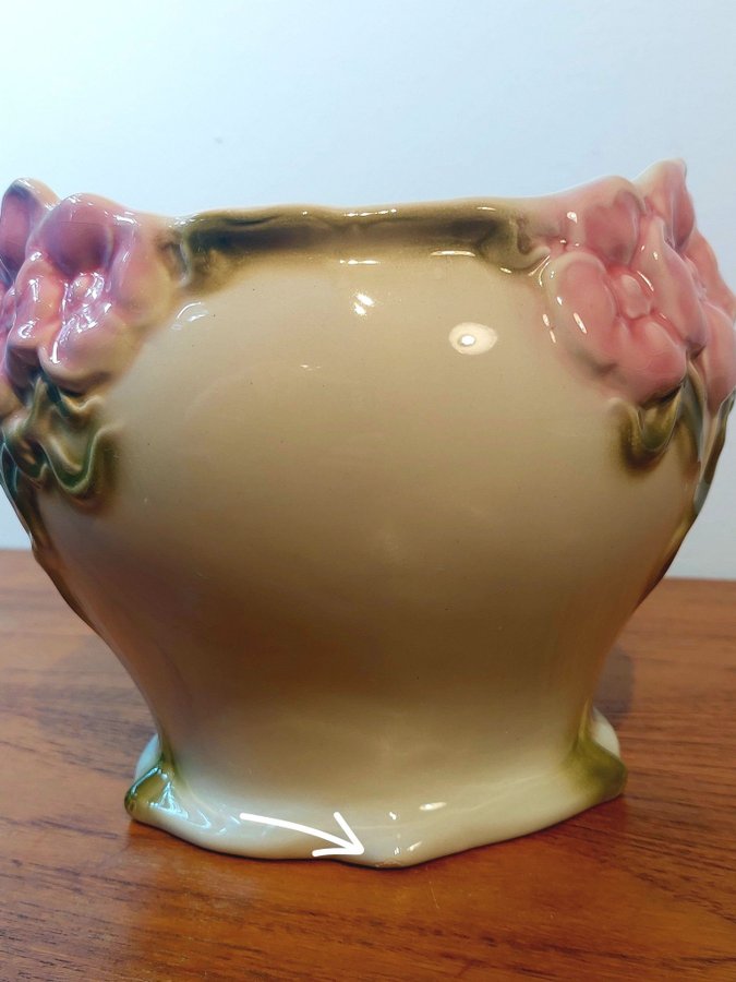 Stor kruka ytterfoder Majolika Art deco Portugal vintage retro rosa blommor