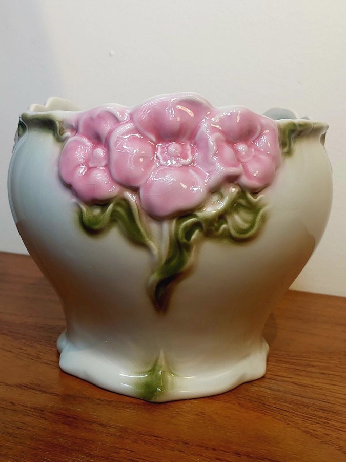 Stor kruka ytterfoder Majolika Art deco Portugal vintage retro rosa blommor