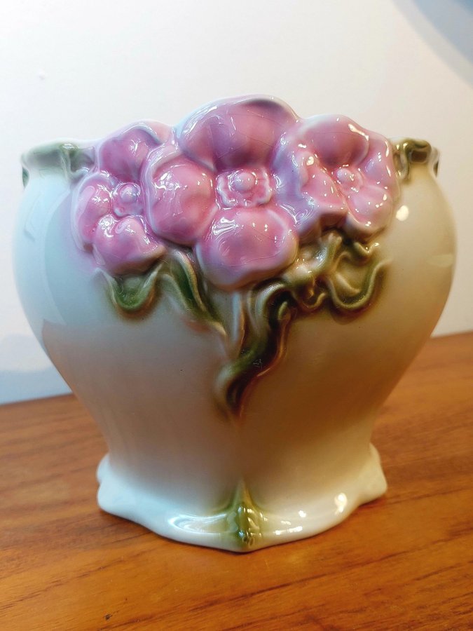 Stor kruka ytterfoder Majolika Art deco Portugal vintage retro rosa blommor