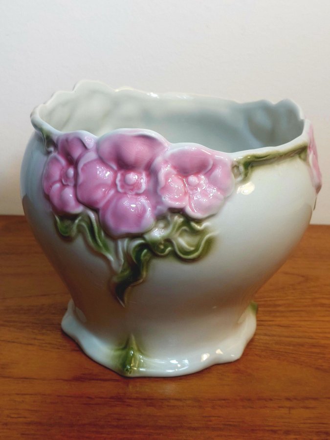 Stor kruka ytterfoder Majolika Art deco Portugal vintage retro rosa blommor