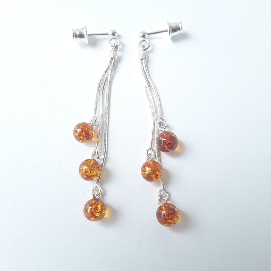 Baltic amber gem and 925 sterling silver long dangle stud earrings jewelry