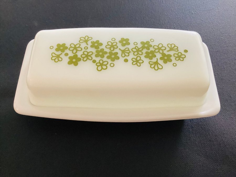 Smörfat med lock Pyrex Crazy Daisy made in USA grön vintage