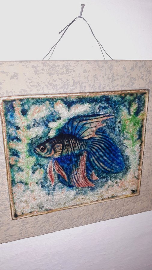 Like-New Fish Stone Relief with Mosaic 37x33cm 3kg Hand-Made Fisk Stenrelief