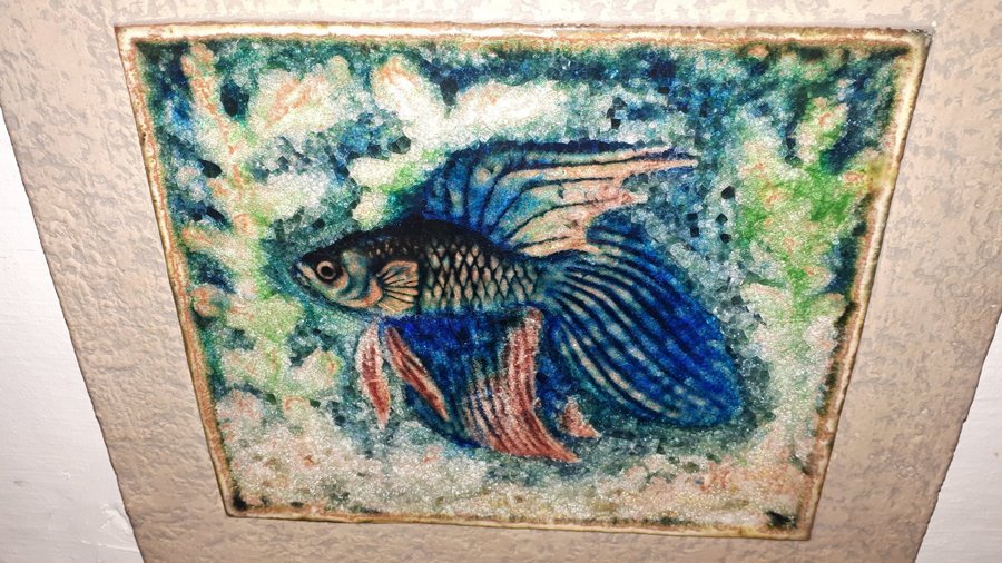 Like-New Fish Stone Relief with Mosaic 37x33cm 3kg Hand-Made Fisk Stenrelief