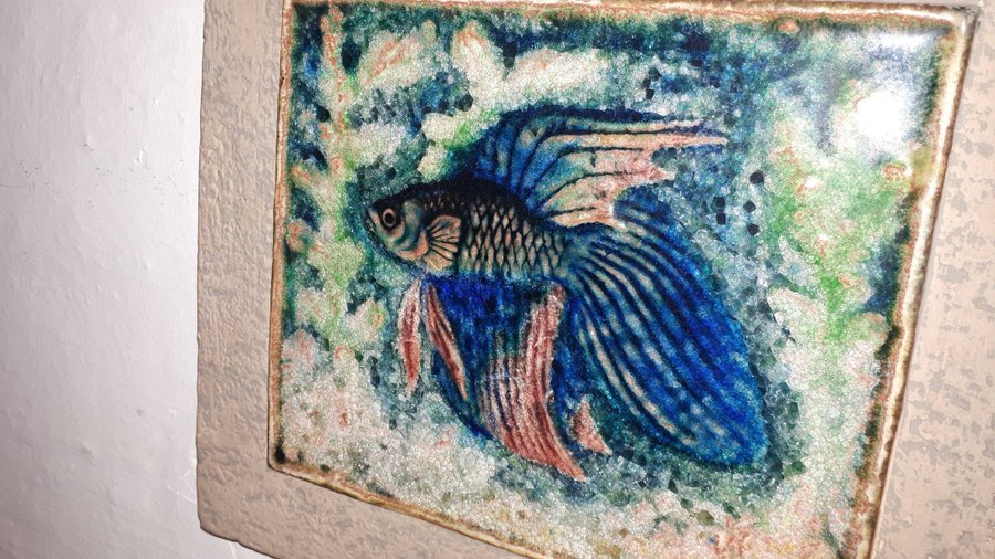 Like-New Fish Stone Relief with Mosaic 37x33cm 3kg Hand-Made Fisk Stenrelief