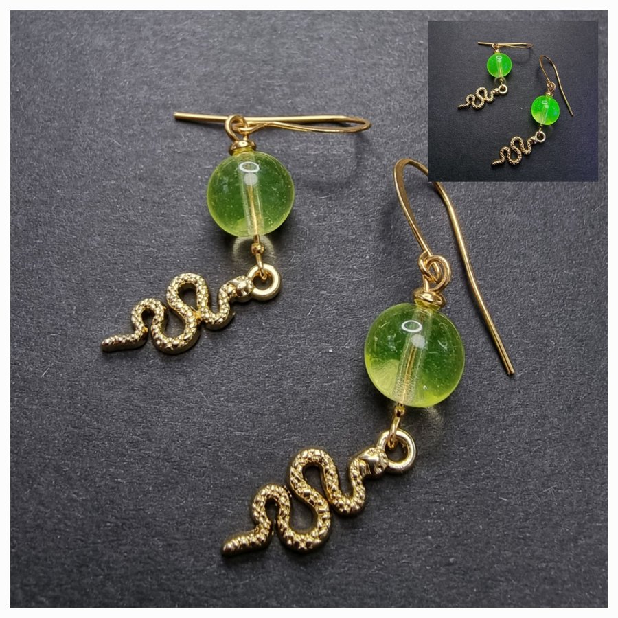 Örhängen m pärlor av URANGLAS och ORMAR! URANIUM EARRINGS with snakes